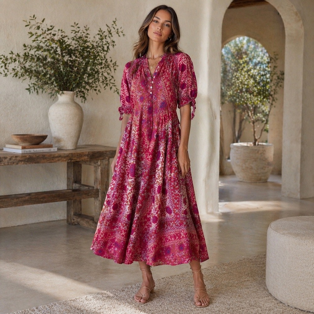 Matta Midi Dress Womens Small Pink Floral Block Print Cotton Boho Metallic Puff